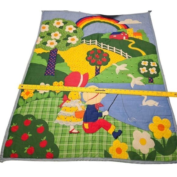 Vintage Colorful Childrens Quilt/Wall Hanging - Farm Scene With Fishing Kids & A - Picture 1 of 5
